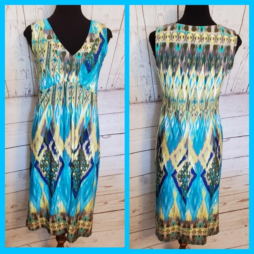 Wrangler V-neck shirred bodice knee length dress turquoise, lime green M